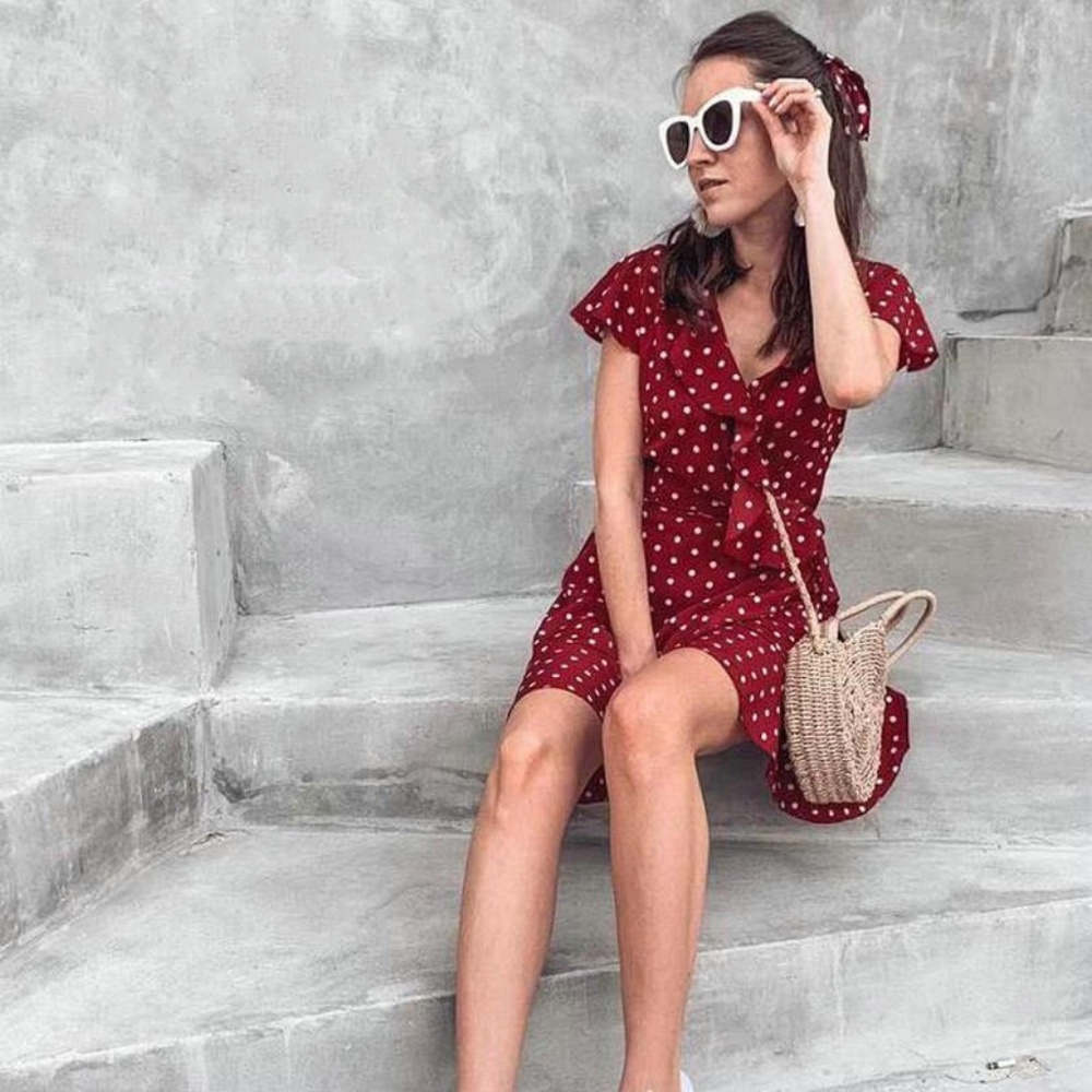 Polka Dot Ruffle Trim Wrap Burgundy Mini Dress - Picture 15 of 16